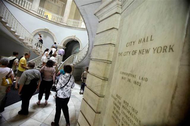 Tourists inside City Hall